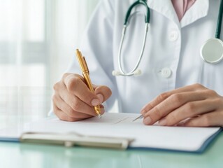 A doctor writing a prescription for kidney disease, medical tools and warm colors in the office reflecting professionalism and care