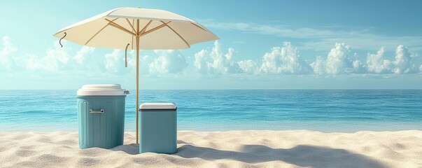 Beach trip tools, umbrella and cooler set up on sand, 3D illustration