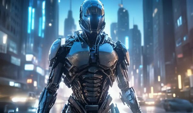 Cyborg in Futuristic City at Night