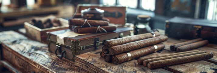 Luxury Cuba Cigars Mockup, Advertising Banner Smoking Tobacco Products and Cases Demonstration
