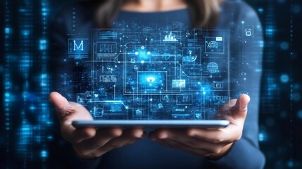 Person holding a smartphone with a glowing digital interface.