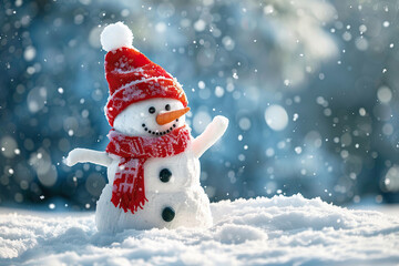 Fototapeta premium Christmas greeting card with bright winter holiday snowman and New Year background