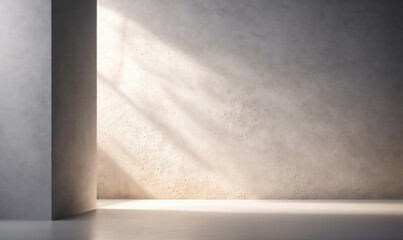 Sunlight streams through a window, casting long shadows on the concrete wall and floor of a minimalist room