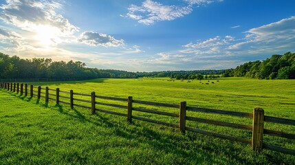Vast green countryside field with a wooden fence under a bright sky