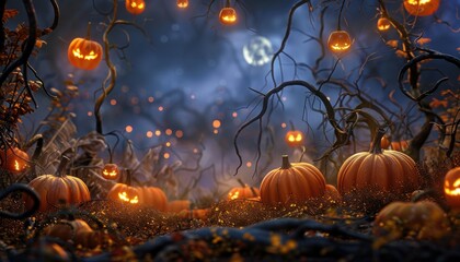 Naklejka premium Whimsical Halloween scene with glowing jack-o'-lanterns and full moon in mysterious twisted forest, orange pumpkins decor illuminated.