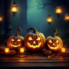 3 halloween pumpkins sit on a wooden table with lanterns