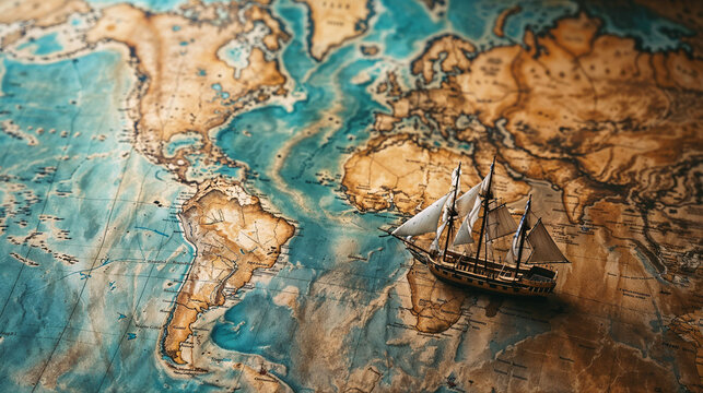 Vintage world map with miniature sailing ship model. Adventure and exploration concept. Nostalgic travel imagery blending cartography and maritime history