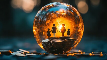 Guarding Financial Future - Shield of Coins Protecting Family Silhouette Symbolizing Wealth Growth and Security