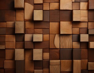 Fototapeta premium 3D Render of Timber Tile Wall Art with Square Wood Blocks Creating a Natural Rustic Background