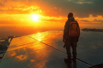 solar energy technician inspecting vast array of photovoltaic panels dramatic aerial perspective late afternoon sunlight glinting off panels futuristic green technology landscape