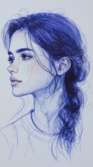 Fototapeta premium This blue sketch captures a woman with a braid in a side profile, exhibiting a contemplative aura filled with intricate line details and abstract themes.