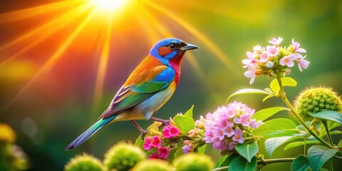 Fototapeta premium Vibrant Bird Perched On A Delicate Flower, Surrounded By Lush Greenery And Warm Sunlight.