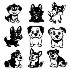 Naklejka premium Cute dog icon set, pet animal flat silhouette, puppy icons, funny dog character pictogram, minimal woof sign