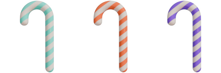 set of 3d christmas icons, three colorful candy canes with vibrant stripes, showcasing pale teal, light orange, light purple against an isorated background