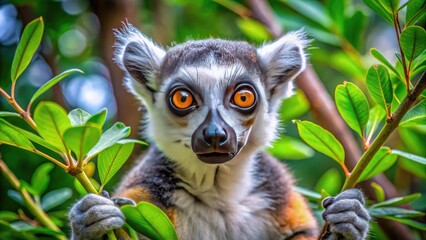 Obraz premium Vibrant close-up of a curious ring-tailed lemur, its large eyes and agile hands inspecting a leafy branch in Madagascar's lush tropical forest habitat.