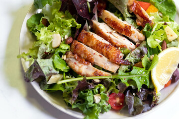 Fresh salad with grilled chicken, vibrant greens, and lemon slices, perfect for a healthy meal or light lunch.