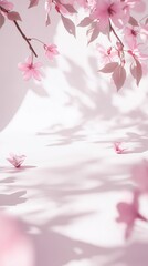 Fototapeta premium Luz suave sobre fondo blanco con hojas rosas y sombras sutiles. Perfecto para un toque fresco y elegante en tu tienda online.