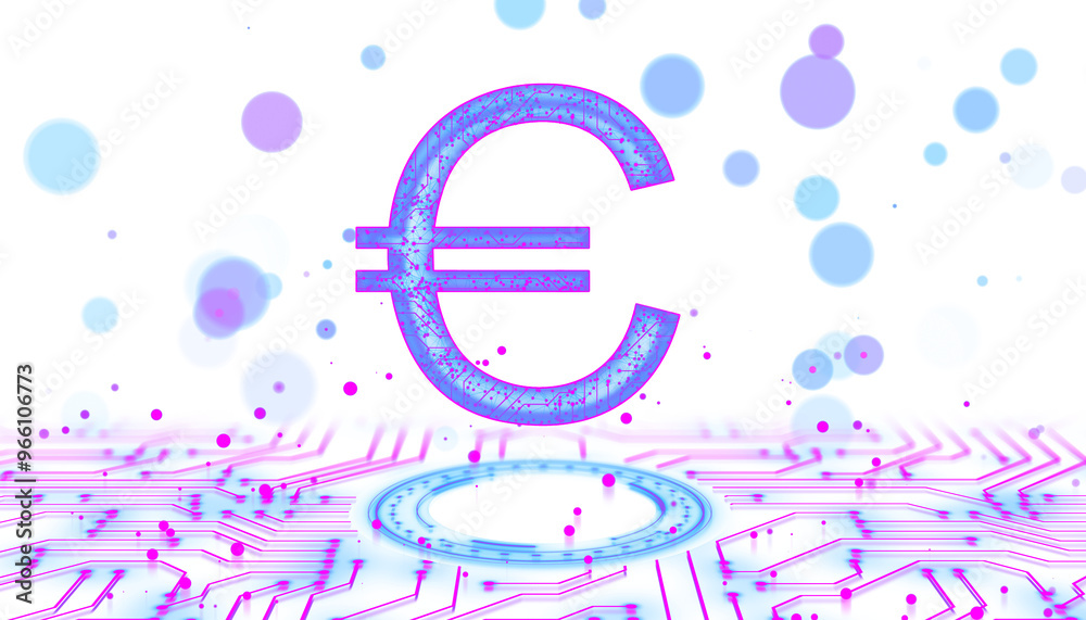 Poster digital euro symbol in neon blue and purple colors, surrounded by circuit lines and abstract dots. w
