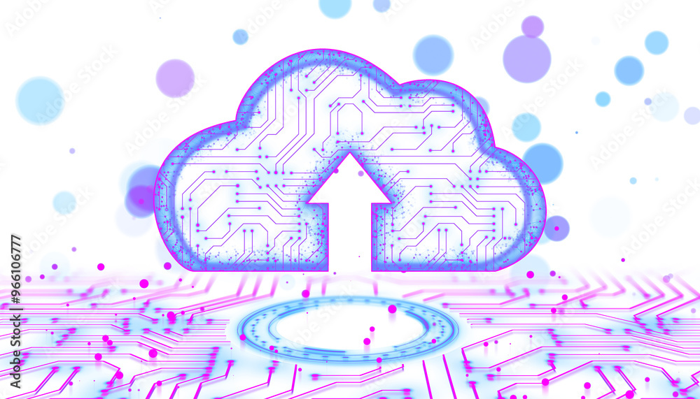 Poster A cloud upload icon with neon blue and pink circuit design, isolated on white background. Concept of digital technology and data transfer. 3D Rendering