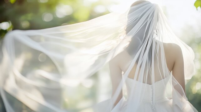 A bride in a flowing veil stands gracefully, capturing a moment of beauty and elegance in soft, natural light.