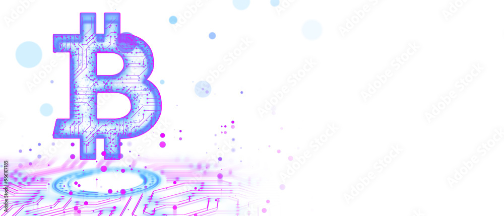 Poster Digital Bitcoin symbol with circuit design and neon effects. Modern graphic style on a white background. Concept of virtual currency and technology. 3D Rendering
