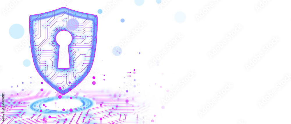 Poster image of a digital shield with a circuit pattern and keyhole, neon blue and pink colors, white backg