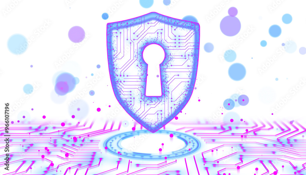 Poster Digital shield icon with circuit pattern and keyhole, floating over a neon circuit board. Blue and pink colors on a white background. Concept of cybersecurity. 3D Rendering