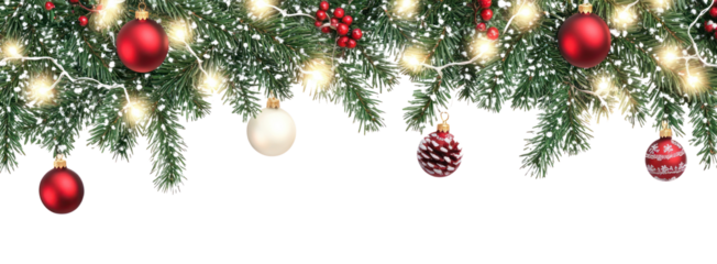 Seamless decorative christmas border with coniferous branches and garlands of christmas lights and ornaments festival plant tree.