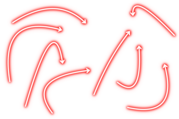 Collection of red hand drawn neon arrows. simple glowing arrows isolated on transparent background. Neon arrow mark set. Direction symbol. Curved and wavy sparkle arrows. graphic design elements.