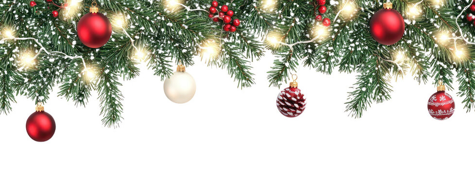 Seamless decorative christmas border with coniferous branches and garlands of christmas lights and ornaments festival plant tree. - Powered by Adobe