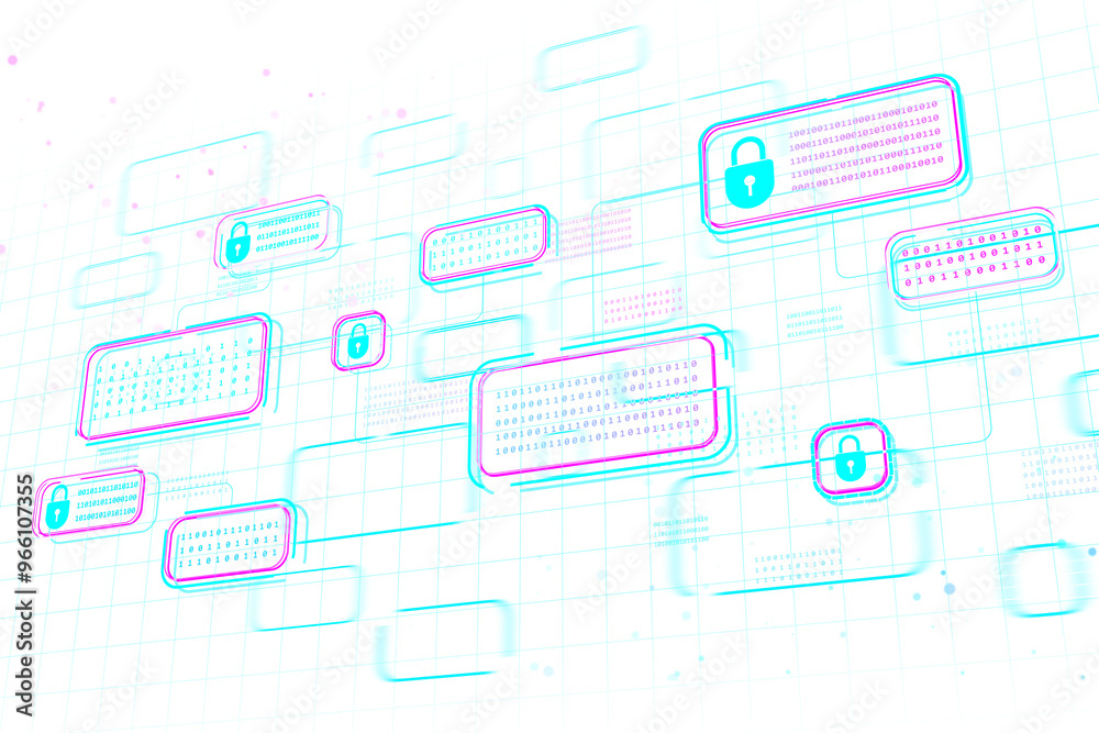 Poster Digital security locks and binary code displayed on a virtual grid background, in a neon blue wireframe style, representing cybersecurity concepts. 3D Rendering