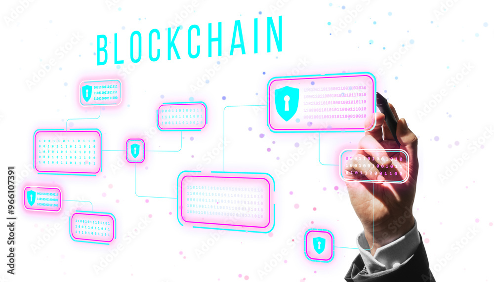 Poster Hand drawing a digital blockchain network with binary code and shield icons, modern graphic style, white background, concept of digital security