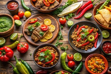 Vibrant colors and savory aromas fill the frame in this mouthwatering image of a traditional fiesta-inspired Mexican feast, complete with sizzling meats and fresh vegetables.