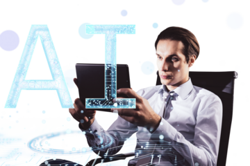 Businessman using a tablet with digital AI graphics overlay on a white background. Concept of technology and artificial intelligence