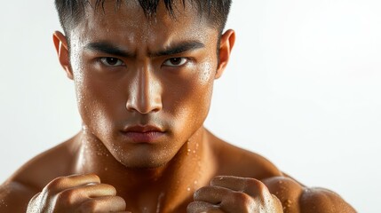 Naklejka premium Medium shot of a determined Asian athlete, their fists clenched with competitive spirit, gaze unwavering with resolve, isolated on a white background