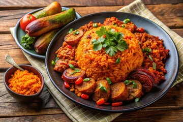 Fototapeta premium Vibrant colors and savory aromas fill the frame as a steaming plate of jollof rice, suya, and fried plantains takes center stage in this Nigerian culinary showcase.
