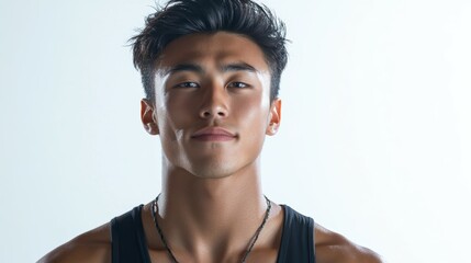 Medium shot of a confident Asian performer, their stance strong and poised, face radiating stage presence, isolated on a white background