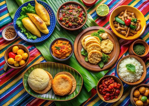 Vibrant colors and exotic aromas fill the air as a traditional Venezuelan meal featuring arepas, empanadas, and grilled meats is served on a festive tablecloth.