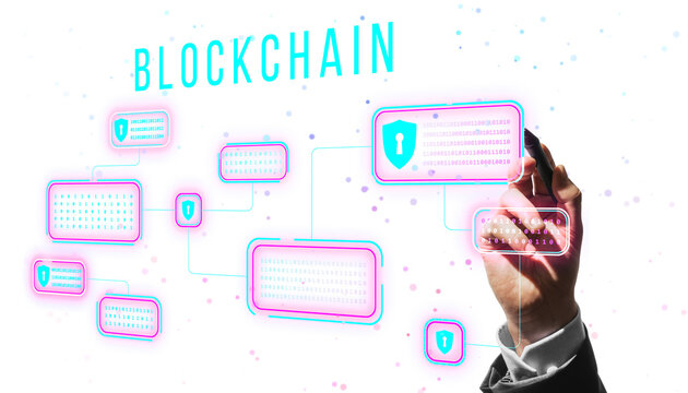 Hand drawing a digital blockchain network with binary code and shield icons, modern graphic style, white background, concept of digital security