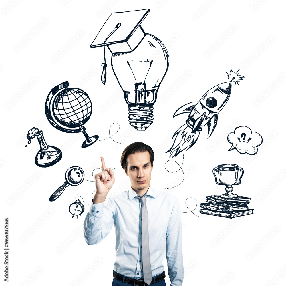 Poster man pointing up with various educational icons, including a globe, lightbulb, and rocket, drawn in b