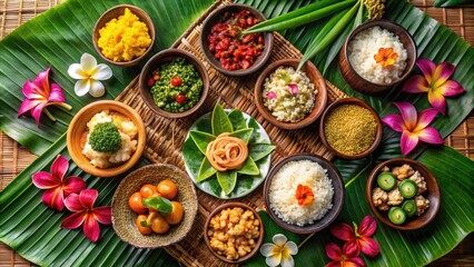 Fototapeta premium Vibrant colors of traditional Fijian dishes, including kokoda, duruka, and vakalolo, arranged on a woven mat, surrounded by tropical flowers and palm fronds.