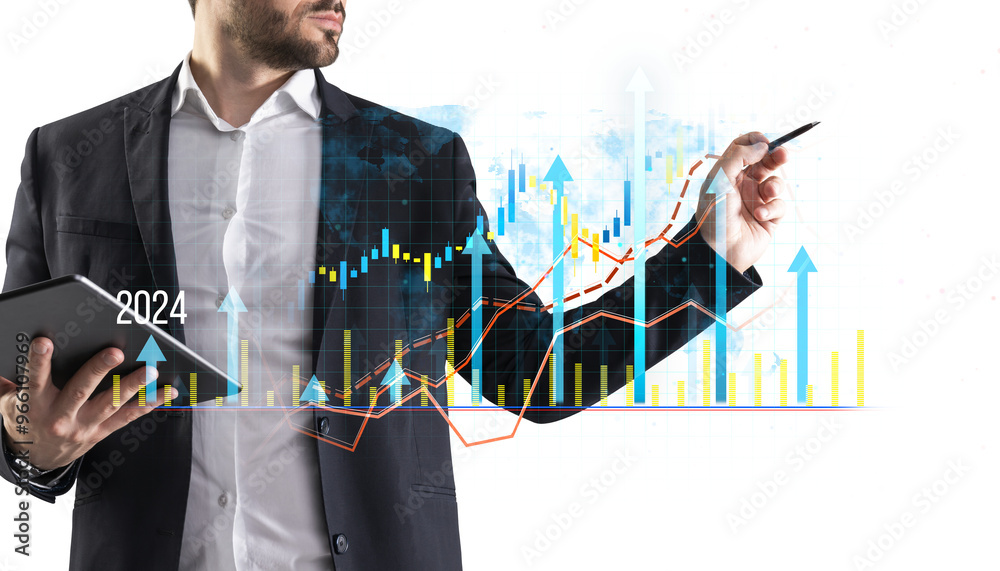 Poster Businessman holding a tablet and analyzing financial data on a transparent screen with colorful graphs and charts on a white background, concept of data analysis