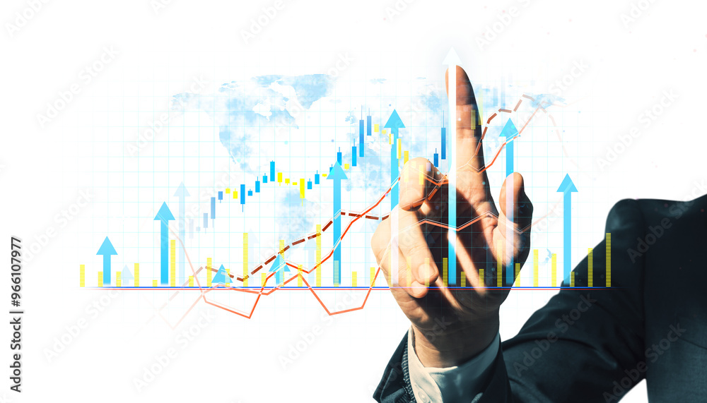 Aufkleber a hand pointing at a financial chart with rising graphs and arrows on a white background, concept of