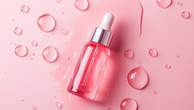 A stylish pink dropper bottle surrounded by water droplets on a soft pink background, perfect for beauty and skincare visuals.