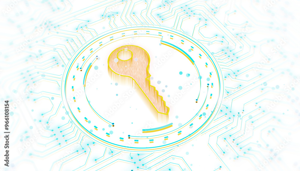 Poster A digital key icon is centered on a neon circuit board background. The design suggests concepts of security and technology. 3D Rendering