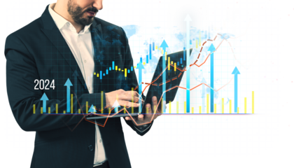 Man in a suit analyzing financial graphs and charts on a tablet. White background, concept of business growth and data analysis