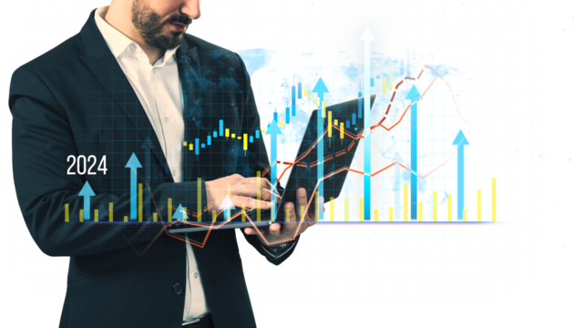 Man in a suit analyzing financial graphs and charts on a tablet. White background, concept of business growth and data analysis