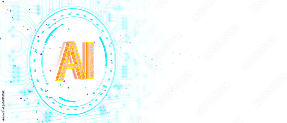 Aufkleber AI symbol with digital circuit lines in blue neon on a white background. Concept of modern technology and virtual intelligence. 3D Rendering