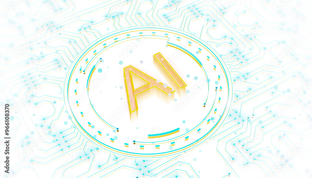 Poster AI circuit design with neon blue lines and dots on a white background. Concept of modern digital technology. 3D Rendering