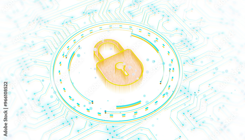 Poster Cybersecurity concept with a golden lock icon in the center of a blue neon digital circuit on a white background, symbolizing data protection. 3D Rendering
